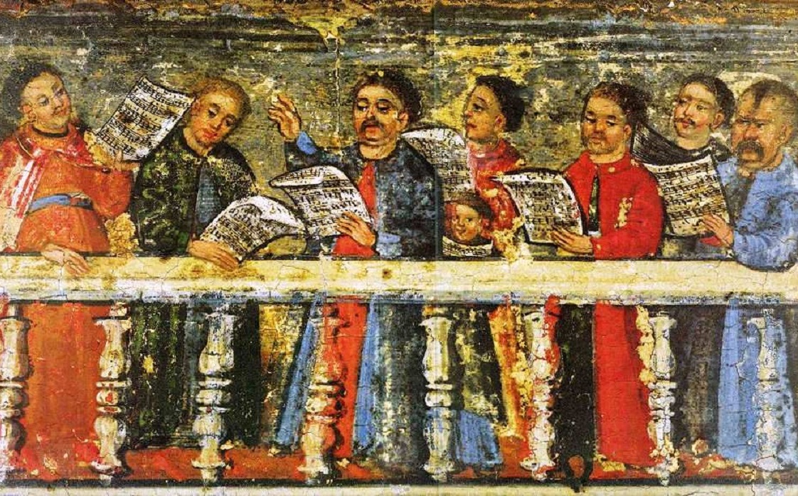   5. Українські виконавці партесних духовних хорових творів, фреска кінця XVII століття.jpg